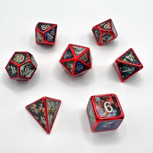 Dragon Picture Metal Dice Set - Shiny Red