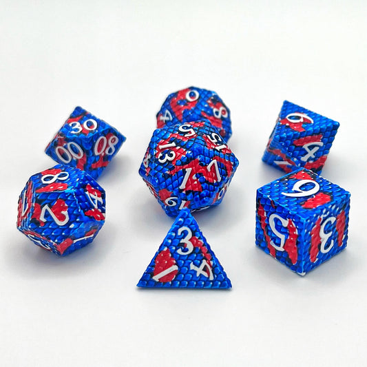 Dragon Scales Metal Dice Set - Blue/Red w/ White