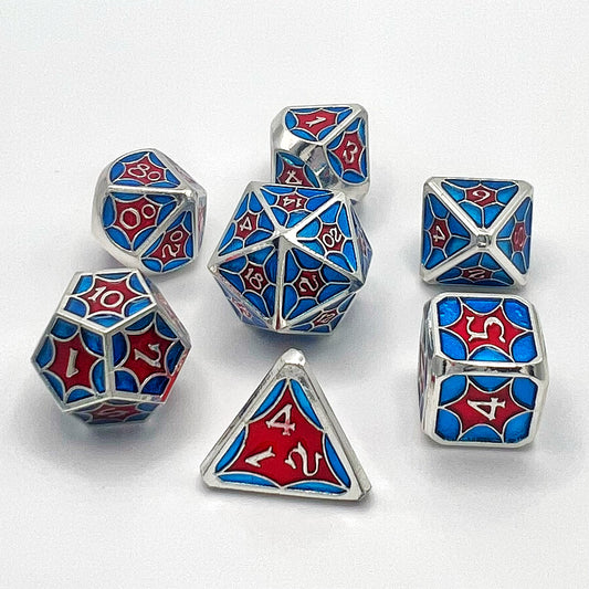 Spider Web Metal Dice Set - Blue/Red w/ Silver