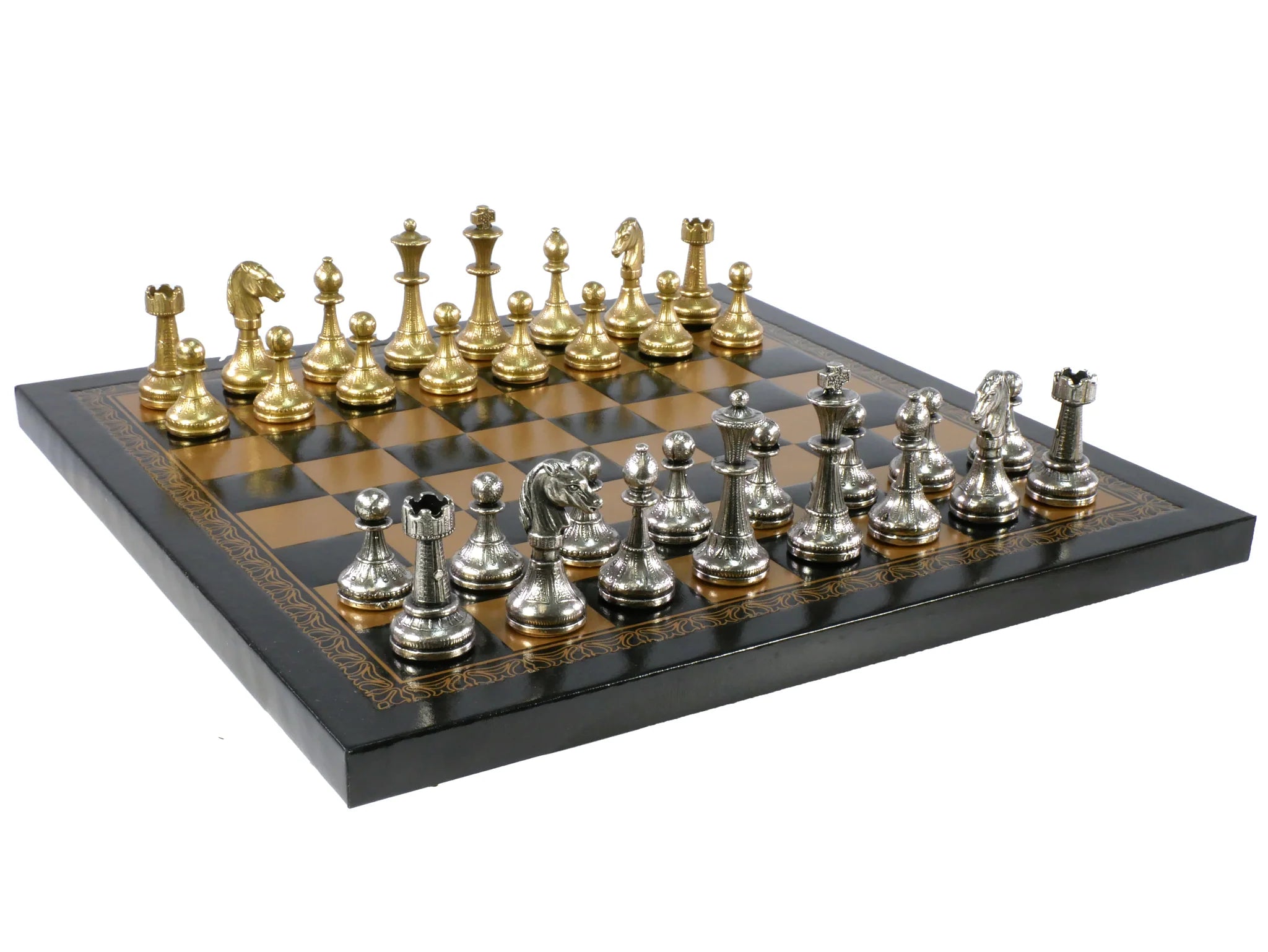 WWI - Chess Set: Small Staunton Metal Men on Leatherette Board